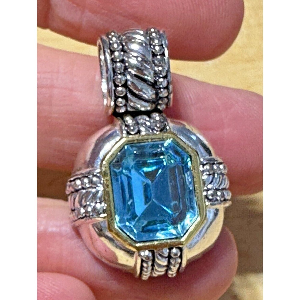 Roman Pendant Aqua Blue Crystal Silver‎ Gold Bezel Chunky Textured Signed Charm